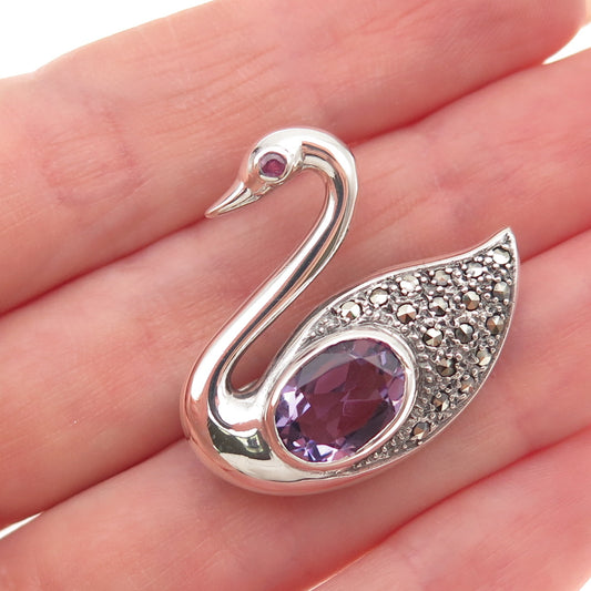 925 Sterling Silver Vintage Real Ruby Amethyst & Marcasite Swan Bird Pin Brooch