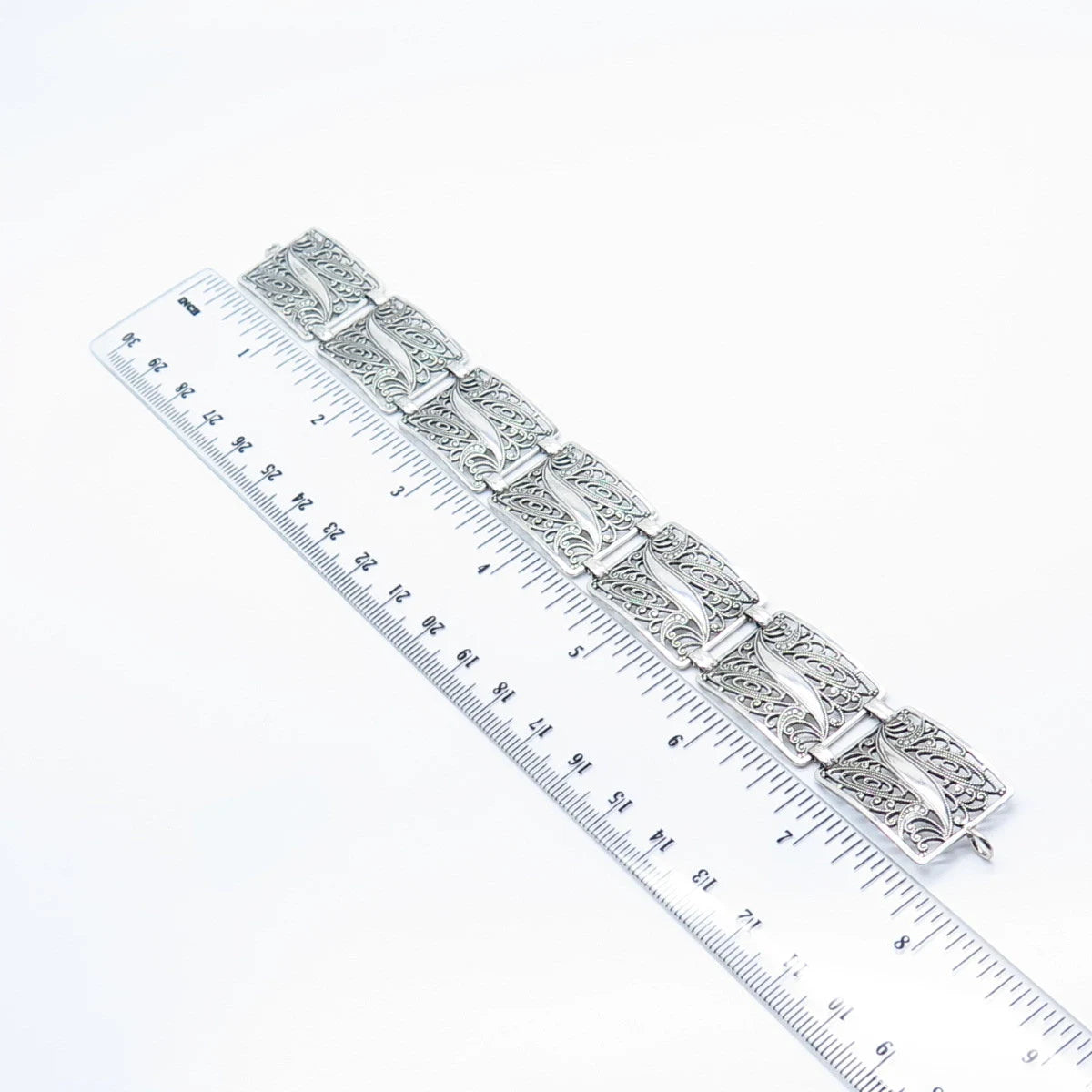 925 Sterling Silver Vintage Filigree Panel Link Bracelet 7"
