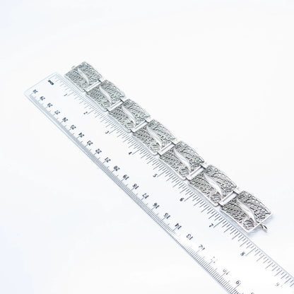 925 Sterling Silver Vintage Filigree Panel Link Bracelet 7"