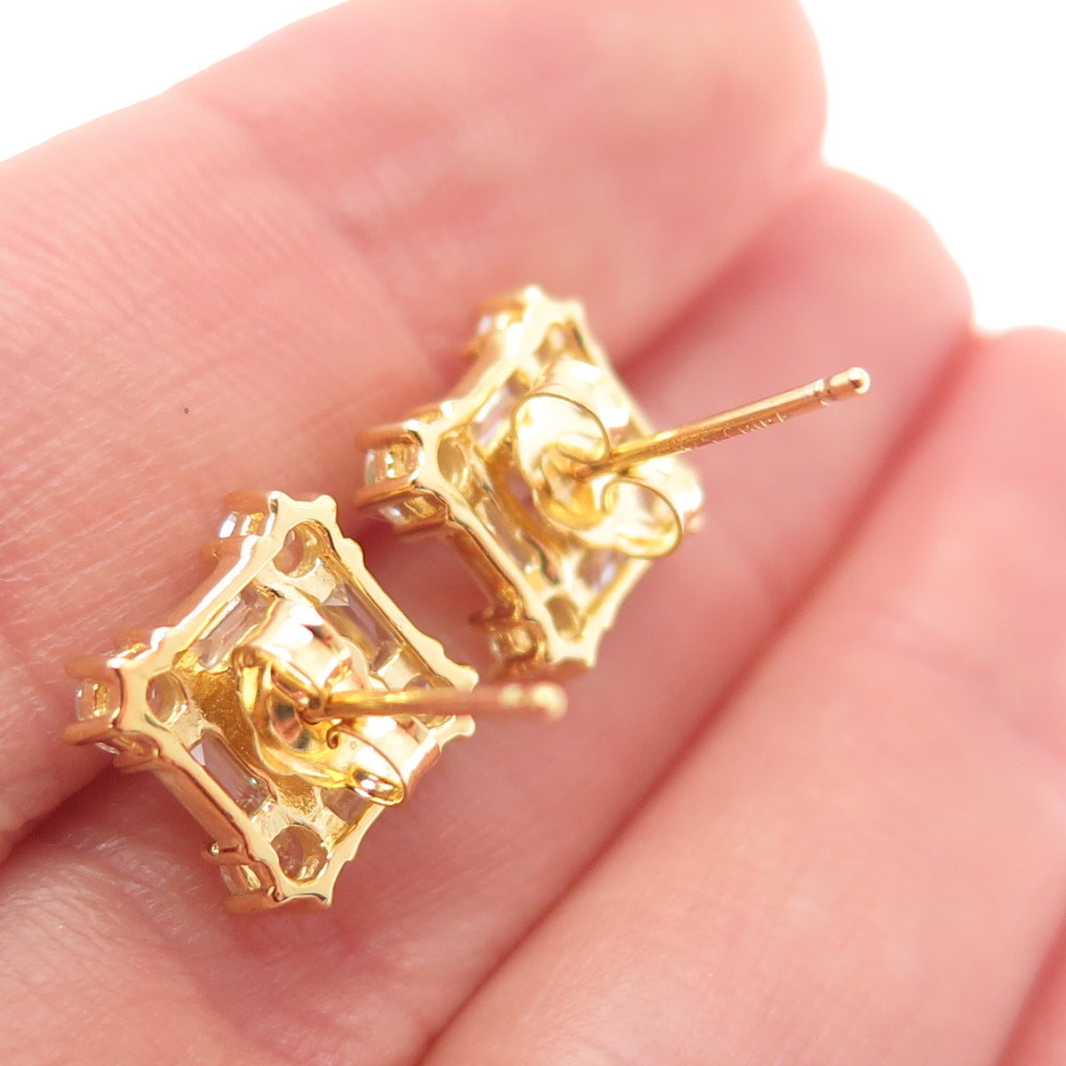 925 Sterling Silver Gold Plated Princess Emerald & Round-Cut C Z Stud Earrings