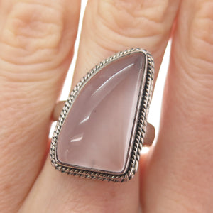 925 Sterling Silver Vintage Real Rose Quartz Modernist Shark Fin Ring Size 6.5