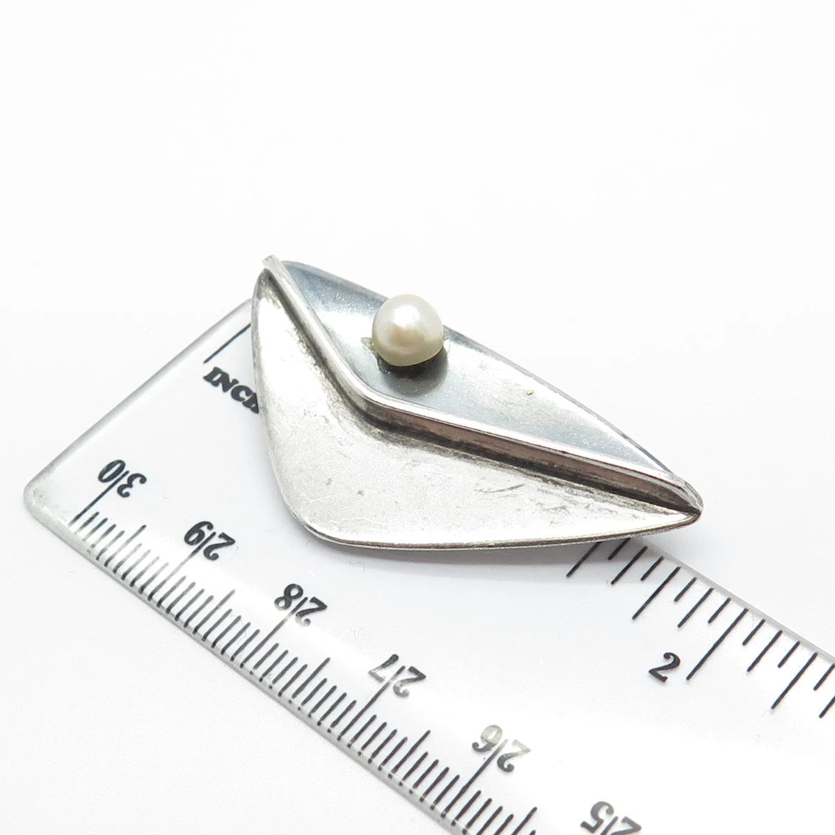925 Sterling Silver Vintage Real Pearl Modernist Pin Brooch