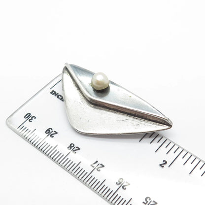 925 Sterling Silver Vintage Real Pearl Modernist Pin Brooch