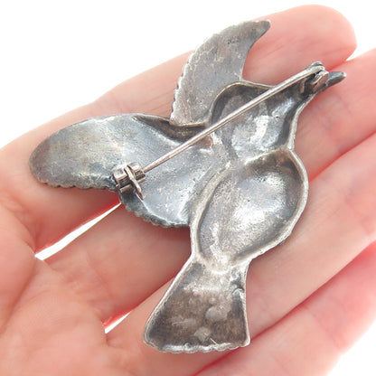 925 Sterling Silver Vintage Amethyst Gem Rhinestone Hummingbird Oxidized Brooch