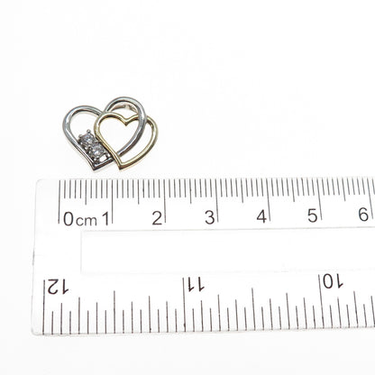 925 Sterling Silver 2-Tone Round-Cut C Z Double Heart Minimalist Slide Pendant