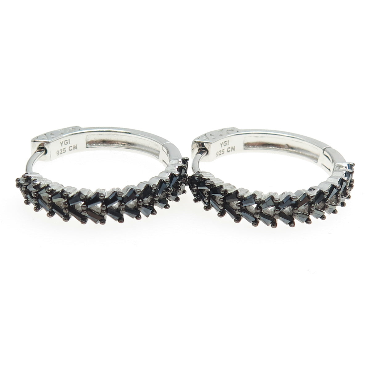 925 Sterling Silver Black C Z Huggie Earrings