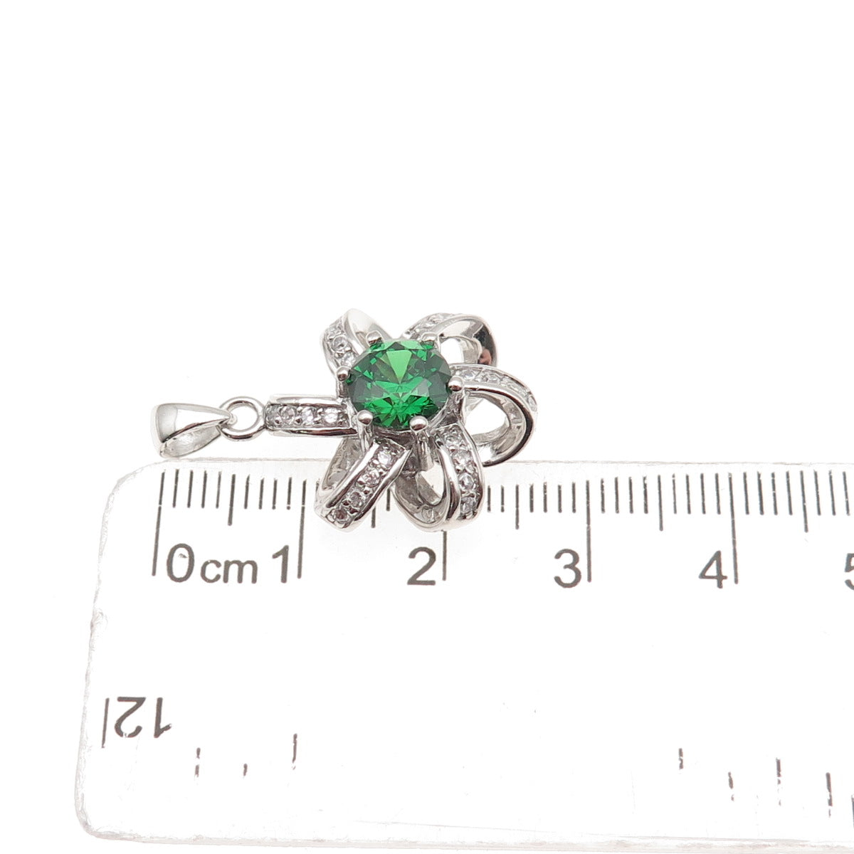 925 Sterling Silver Round-Cut Green & White C Z Floral Charm Pendant