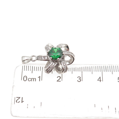 925 Sterling Silver Round-Cut Green & White C Z Floral Charm Pendant