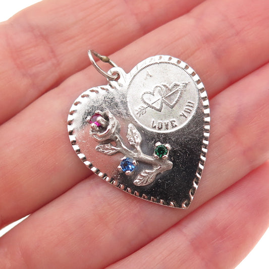 Crown 925 Sterling Silver Vintage Rhinestone I Love You Rose Heart Charm Pendant