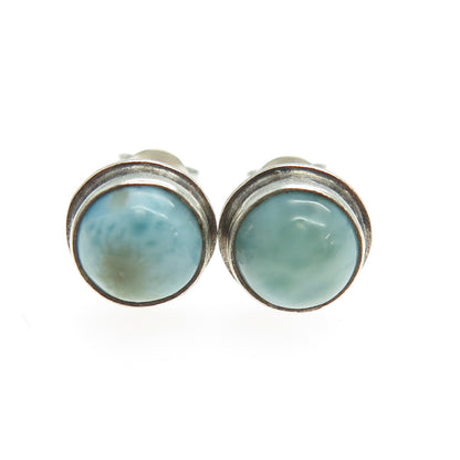 925 Sterling Silver Vintage Real Round-Cut Larimar Stud Earrings