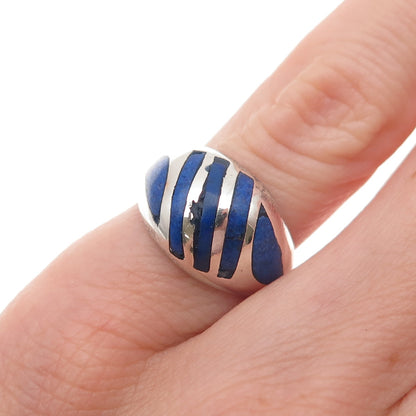 925 Sterling Silver Vintage Real Lapis Oxidized Dome Ring Size 4.5