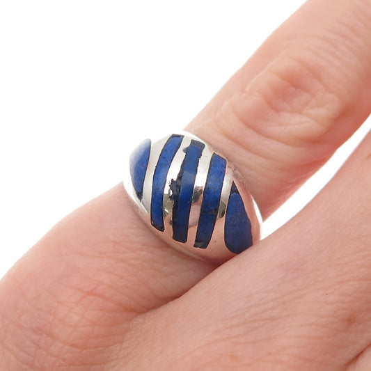 925 Sterling Silver Vintage Real Lapis Oxidized Dome Ring Size 4.5