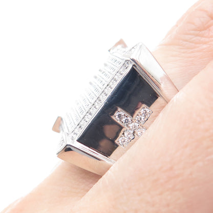 925 Sterling Silver Round-Cut Shaped C Z Cross Accent Square Wide Ring Size 10.5