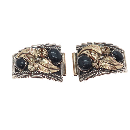 Old Pawn 925 Sterling Silver 2-Tone Vintage Black Onyx Feather Tribal Watch Band