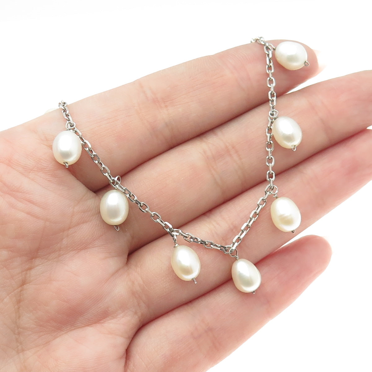 925 Sterling Silver Real Pearl Cable Chain Necklace 18"