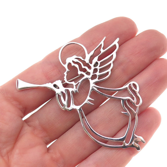 925 Sterling Silver Vintage Angel Playing Trumpet Pin Brooch