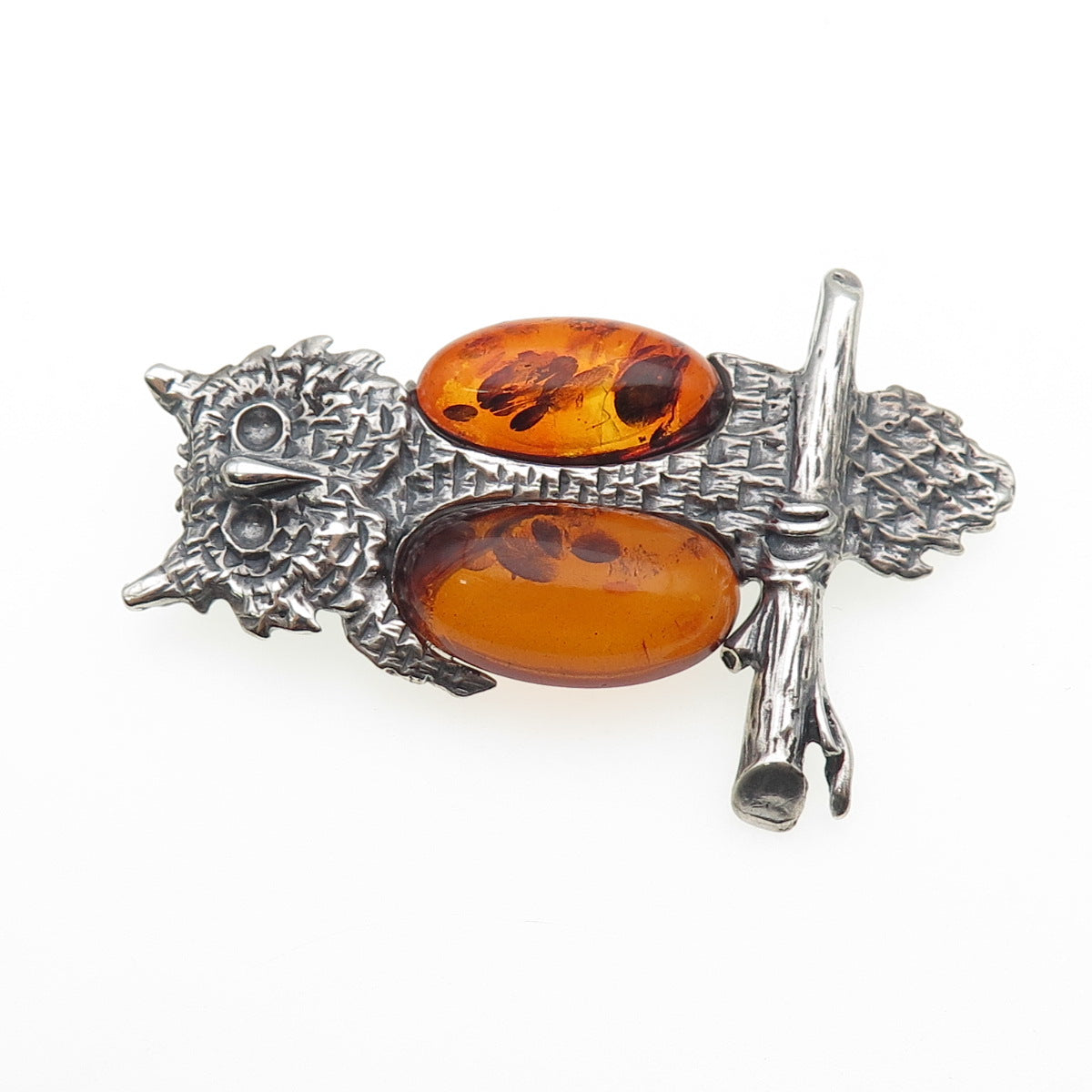 925 Sterling Silver Vintage Poland Real Amber Owl Bird Oxidized Pin Brooch