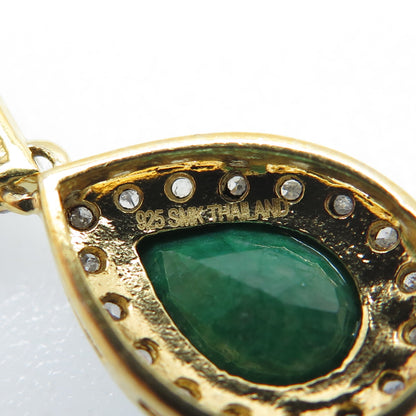 925 Sterling Silver Gold Plated Real Diamond & Emerald Teardrop Dangle Earrings