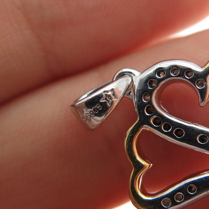 925 Sterling Silver 2-Tone Real Round-Cut Diamond Couple Heart Key Charm Pendant