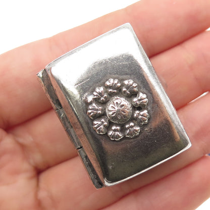 925 Sterling Silver Antique Art Deco Flower Oxidized Snuff / Pill Box