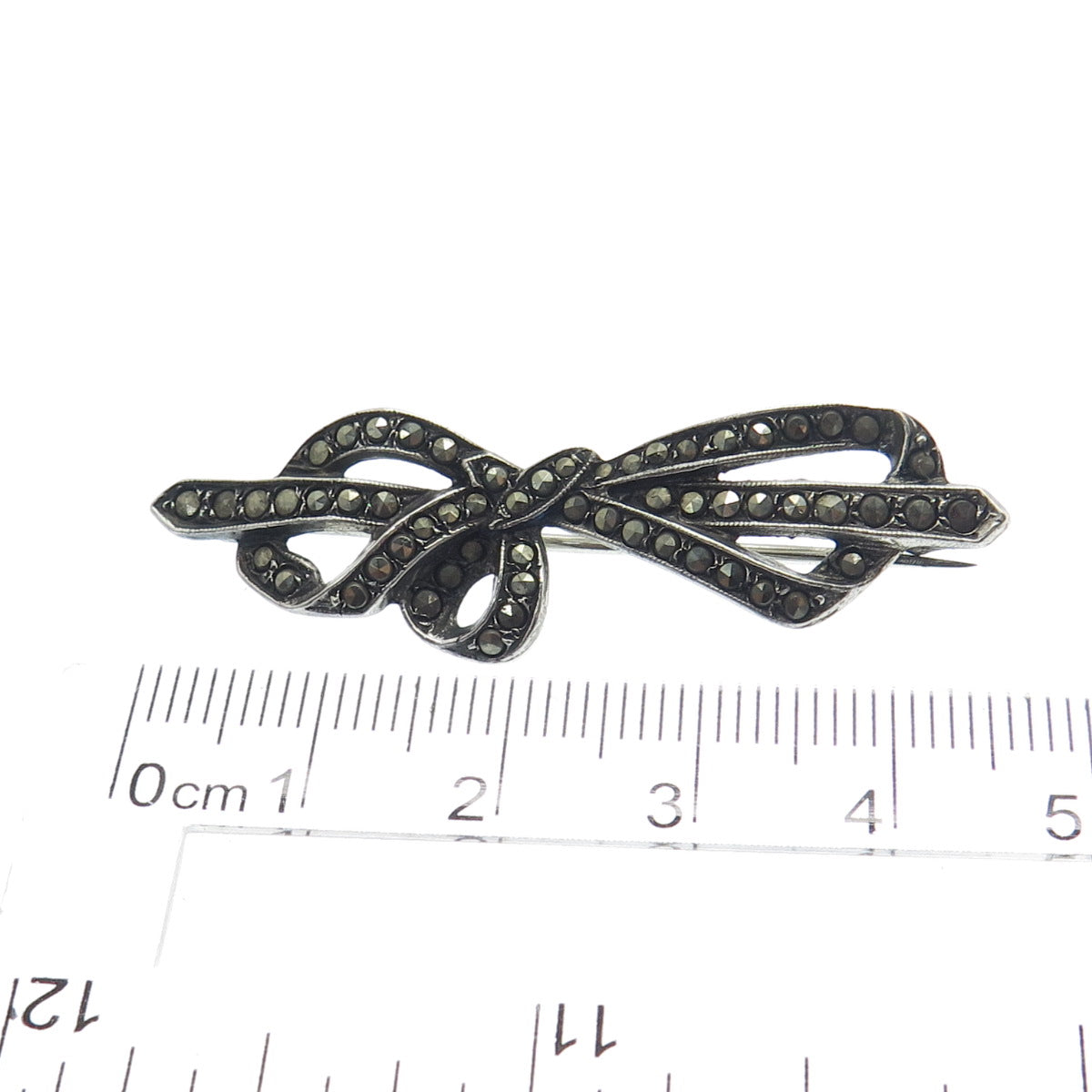 925 Sterling Silver Antique Art Deco Real Marcasite Gemstone Bow Pin Brooch