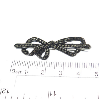 925 Sterling Silver Antique Art Deco Real Marcasite Gemstone Bow Pin Brooch