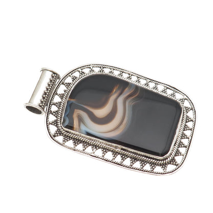 925 Sterling Silver Vintage Real Agate Granulated Heavy 91.8g Pendant