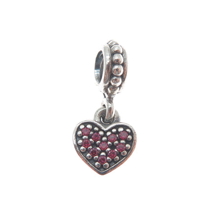PANDORA 925 Sterling Silver Pink Round-Cut Shaped C Z Heart Dangle Charm