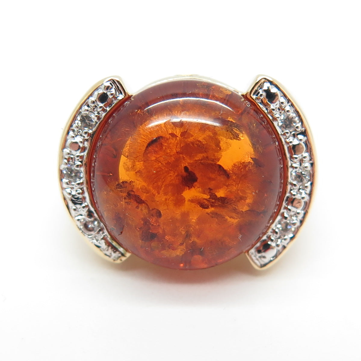 ROSS SIMONS 925 Sterling Silver Gold Plated Real Amber & C Z Ring Size 6.25