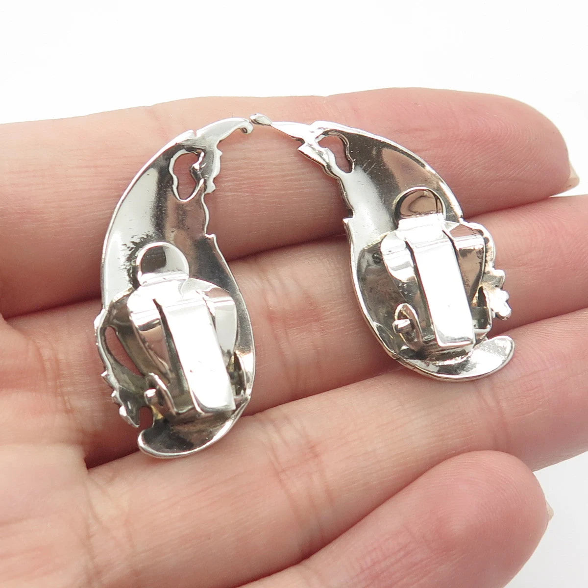 925 Sterling Silver Vintage Siam Niello Hindu Goddess Clip On Earrings