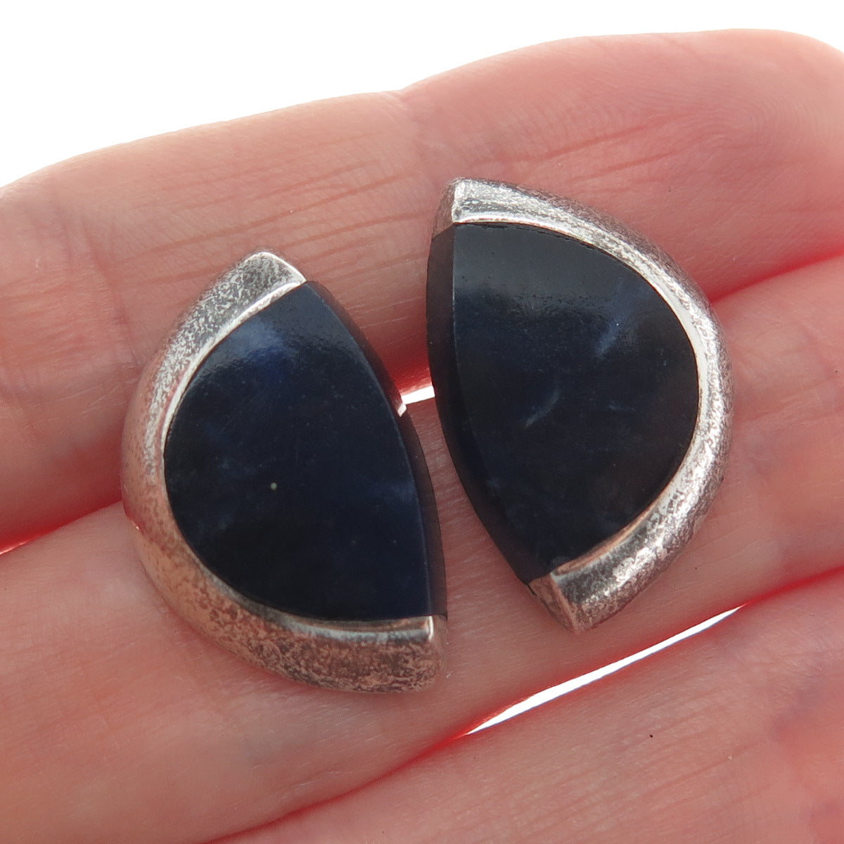 925 Sterling Silver Vintage Real Sodalite Modernist Oxidized Earrings