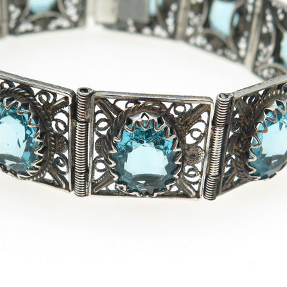 800 Silver Vintage Italy Blue Glass Filigree Panel Link Bracelet 7.25"