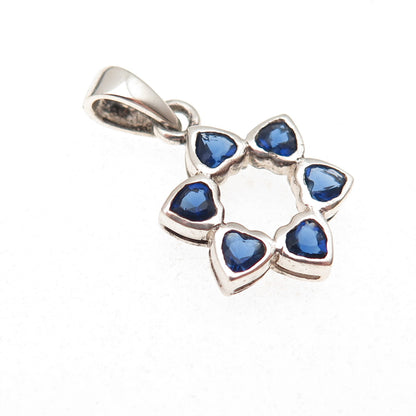 925 Sterling Silver Heart-Cut Blue C Z Floral Charm Pendant
