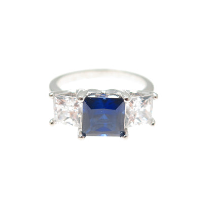 JCM Jacmel Mauritius 925 Sterling Princess-Cut Blue & White C Z Ring Size 5.25