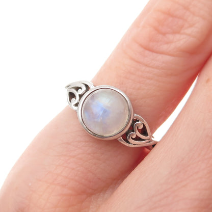 925 Sterling Silver Vintage Real Moonstone Heart Oxidized Ring Size 3.5