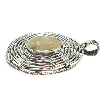925 Sterling Silver Vintage Rutilated Quartz Modernist Wicker Oxidized Pendant