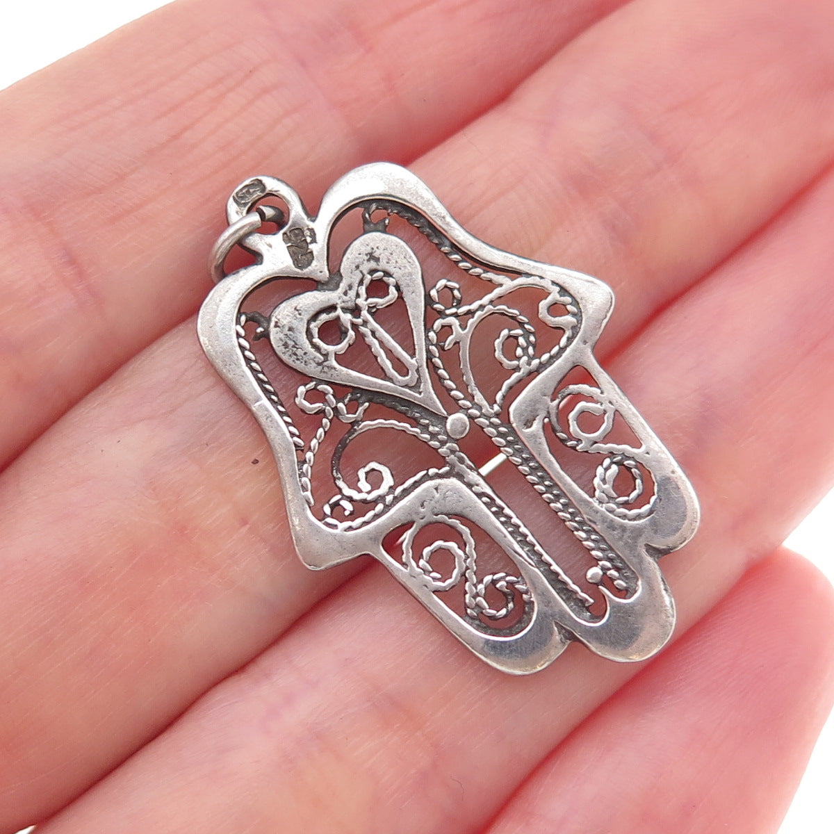 925 Sterling Silver Vintage Heart Hamsa Amulet Filigree Oxidized Charm Pendant