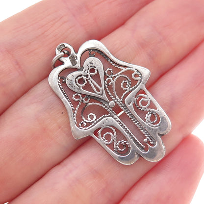 925 Sterling Silver Vintage Heart Hamsa Amulet Filigree Oxidized Charm Pendant