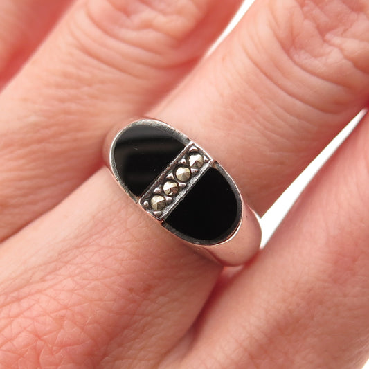 925 Sterling Silver Vintage Real Black Onyx & Marcasite Oxidized Ring Size 6.25
