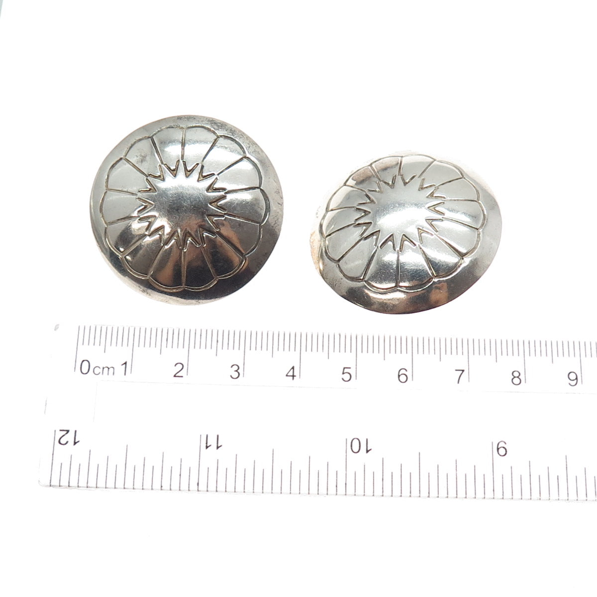 Old Pawn Sterling Silver 14K Gold Posts Vintage Flower Concho Tribal Earrings