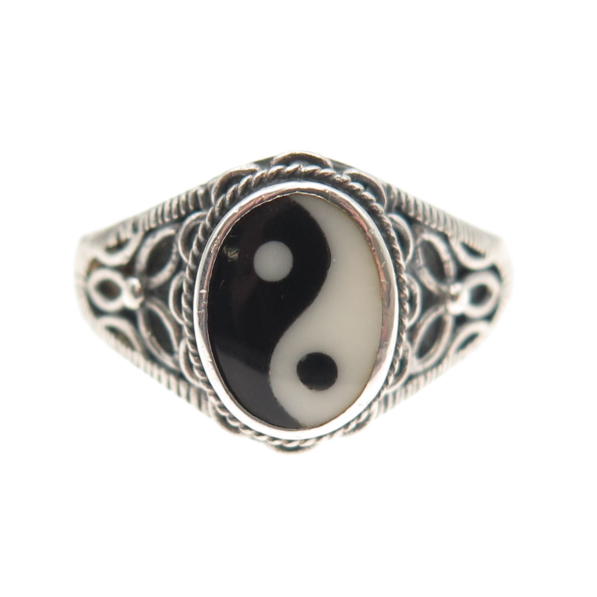 Boma Sterling Silver Vintage Real Black & White Onyx Yin Yang Ring Size 11.25