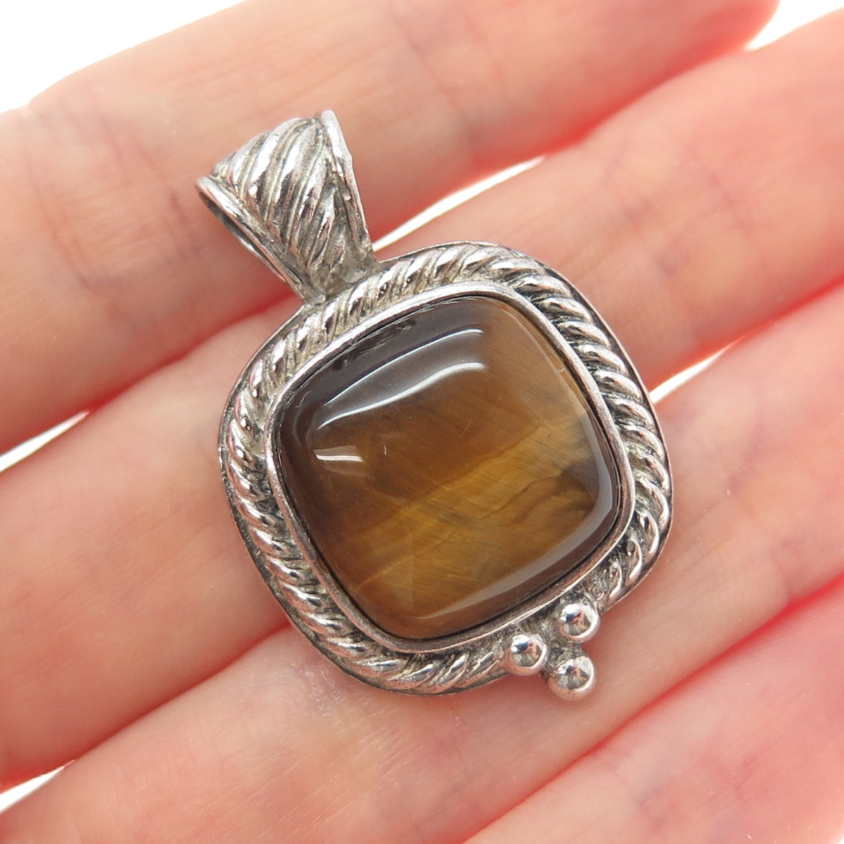 GSJ GOLD STONE 925 Sterling Silver Vintage Real Tiger Eye Oxidized Pendant