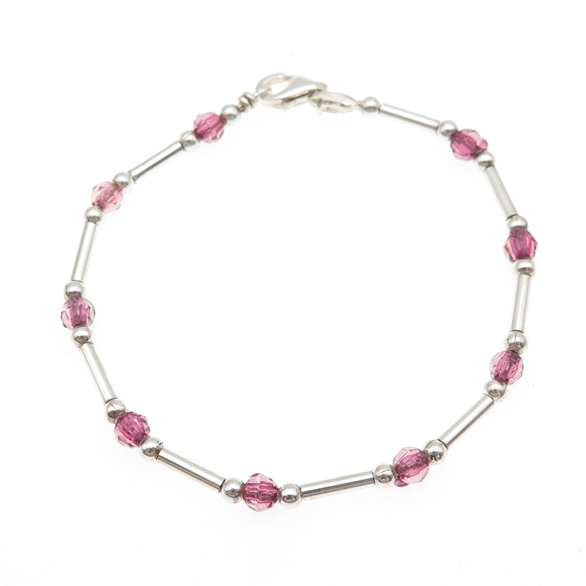 925 Sterling Silver Vintage Italy Real Pink Tourmaline Bar Beaded Bracelet 7"