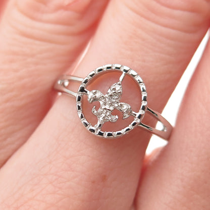 925 Sterling Silver Real Round-Cut Diamond Fleur de Lis Ring Size 8