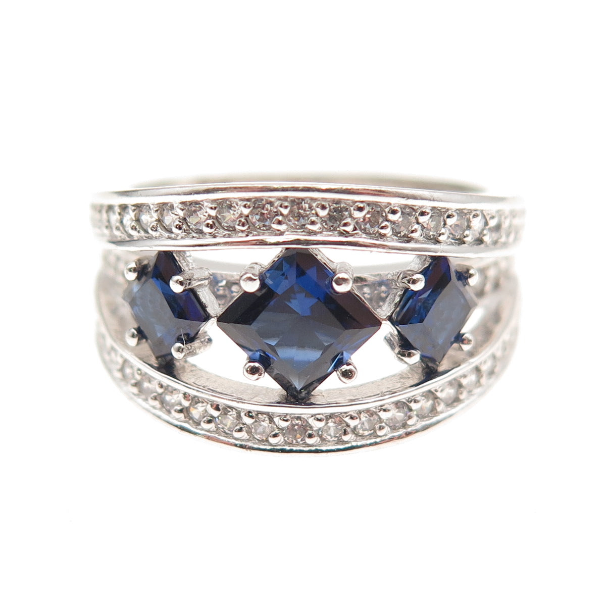 925 Sterling Silver Lab-Created Sapphire & C Z Ring Size 7.25