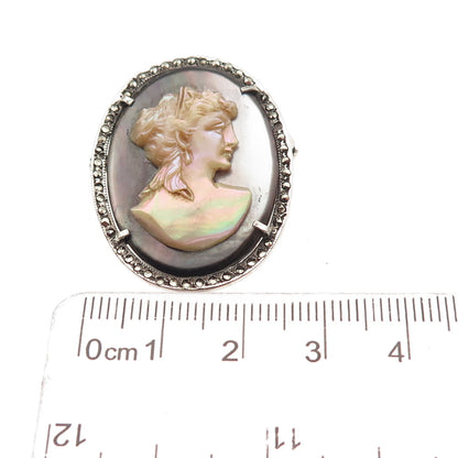 900 Silver Antique Real MOP & Marcasite Lady Cameo Pin Pendant (missing 1 stone)