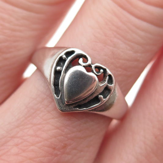 925 Sterling Silver Vintage Ornate Heart Oxidized Ring Size 7.75
