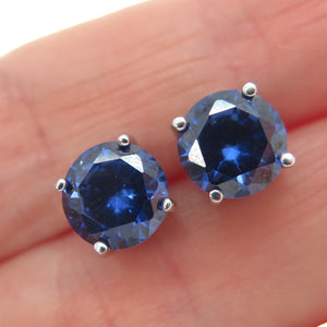 925 Sterling Silver Round-Cut Dark Blue C Z Stud Earrings