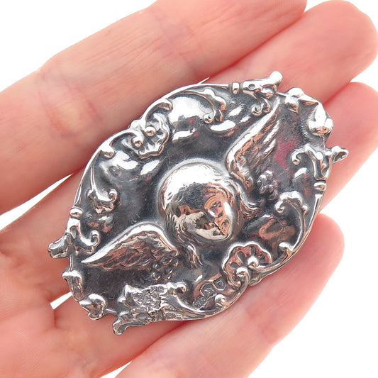 925 Sterling Silver Antique Art Deco Angel Repousse Oxidized Pin Brooch