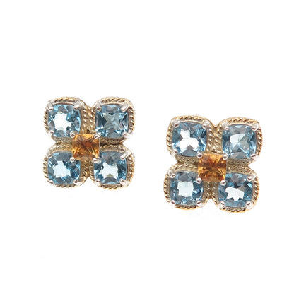 FADI 925 Sterling Silver 2-Tone Real Blue Topaz & Citrine Flower Earrings